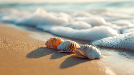 Macro shot of colorful sea shells resting on smooth golden sand with gentle waves approaching the shore in soft focusの素材