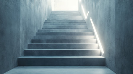 Modern concrete stairs leading down to another staircase, captured with sharp focus and soft ambient lightの素材