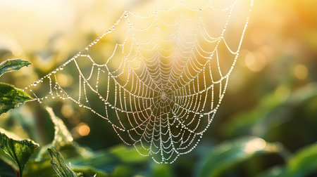 Macro shot of spider web strands sparkling with dew drops, capturing intricate details and natural beauty in early lightの素材