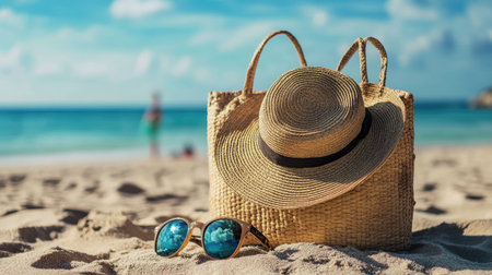 Fashionable straw hat with sunglasses leaning against a beach bag on sand, evoking holiday mood and seaside relaxationの素材