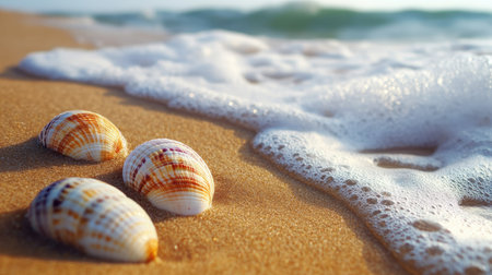 Macro shot of colorful sea shells resting on smooth golden sand with gentle waves approaching the shore in soft focusの素材