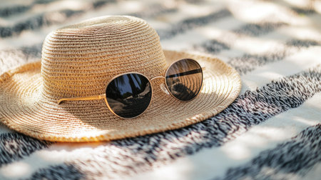 Elegant straw sunhat with round sunglasses placed on a beach towel, sunlight casting soft shadows, perfect for travel or leisure conceptの素材