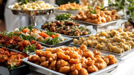 Elegant presentation of assorted fried and baked appetizers in vibrant colors on a party buffet tableの素材