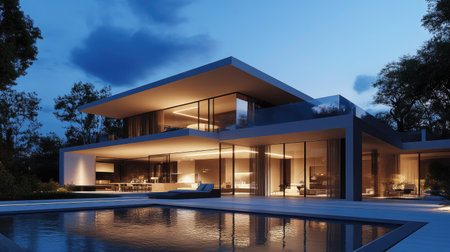 Luxury modern home at night with reflective pool, ambient outdoor lighting, and clean geometric architectureの素材