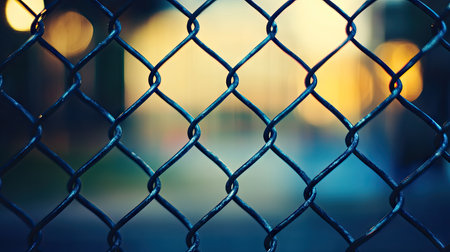 Metal chain-link fence captured with blurred edges and soft lighting, showing detail and perspectiveの素材