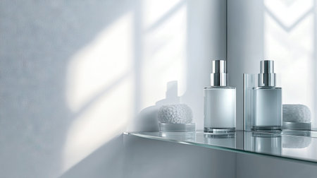 Minimalist bathroom interior featuring a serum lotion bottle on a glass shelf with blurred reflections and clean white backgroundの素材
