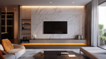 Modern apartment interior with stylish TV wall design, integrated LED lighting, floating shelves, and marble panel backdropの素材