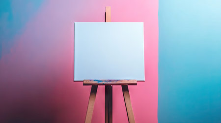 Minimalist composition of blank canvas on easel in front of smooth gradient background, emphasizing creative inspirationの素材