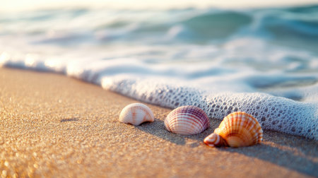 Macro shot of colorful sea shells resting on smooth golden sand with gentle waves approaching the shore in soft focusの素材