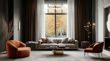 Luxurious living room featuring velvet curtains framing a window, adding depth, color, and sophistication to the interiorの素材