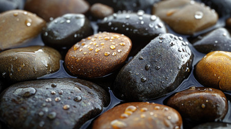 Macro shot of wet stones with small droplets, highlighting surface texture, reflections, and natural patterns of a tranquil environmentの素材