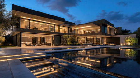 Luxury modern residence at night with dramatic lighting, open terraces, and reflective water featuresの素材