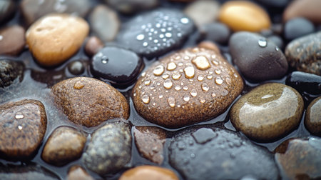 Macro shot of wet stones with small droplets, highlighting surface texture, reflections, and natural patterns of a tranquil environmentの素材