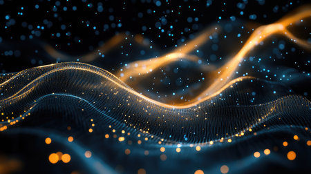 Modern abstract tech wallpaper with flowing lines and glowing dots forming a connected network patternの素材
