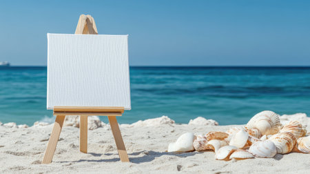 Minimalist coastal scene with wooden easel and blank canvas, surrounded by sand, shells, and tranquil blue ocean waterの素材