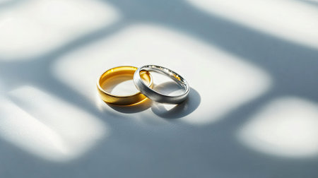Minimalist composition of gold and silver wedding rings on a clean table surface, soft shadows adding depth and sophisticationの素材