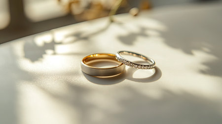 Minimalist composition of gold and silver wedding rings on a clean table surface, soft shadows adding depth and sophisticationの素材