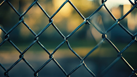 Metal chain-link fence captured with blurred edges and soft lighting, showing detail and perspectiveの素材