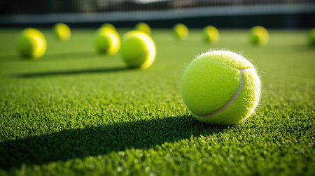 Tennis balls placed on an artificial grass court, emphasizing their fuzz, texture, and contrast against green turfの素材