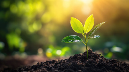 Single green sapling with fresh leaves growing from moist soil, illuminated by gentle sunlight in a natural settingの素材