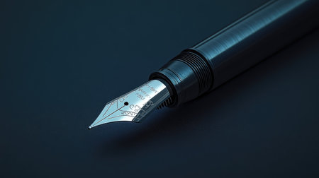 Stylized shot of a black fountain pen casting a soft shadow on a gradient dark background, perfect for stationery brandingの素材