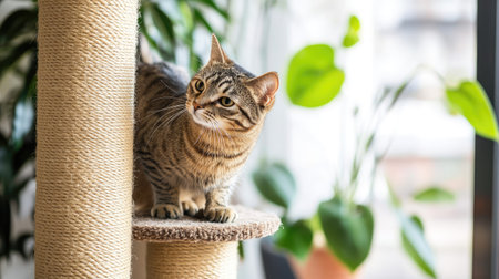 Tabby cat climbing up a tall cat tower with natural sisal scratching posts and neutral-toned platformsの素材