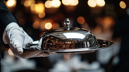 White-gloved hand holding a shining silver serving tray, ready to present gourmet cuisine in a luxury dining settingの素材