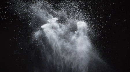 Slow-motion capture of fine mist spraying upward with sharp lighting, emphasizing the texture and motion on blackの素材