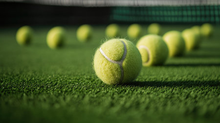 Tennis balls placed on an artificial grass court, emphasizing their fuzz, texture, and contrast against green turfの素材
