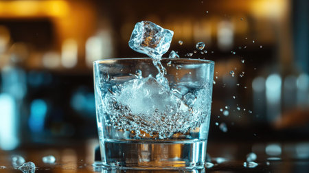 The moment a person drops a bullet ice cube into a glass, creating a small splashの素材