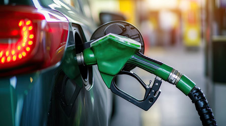 Side view of a green fuel nozzle inserted into a car's tank at a gas station with blurred backgroundの素材