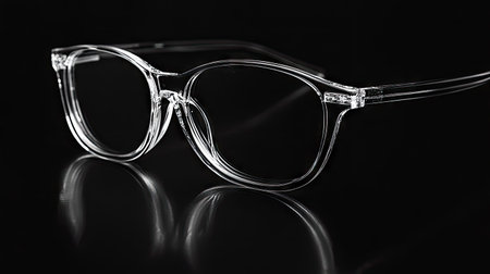 Transparent eyeglasses positioned diagonally on a matte black background, capturing subtle reflections and elegant minimalismの素材