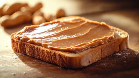 Toast with a thick layer of peanut butter, glimmering under soft lighting, creating a warm and appetizing imageの素材