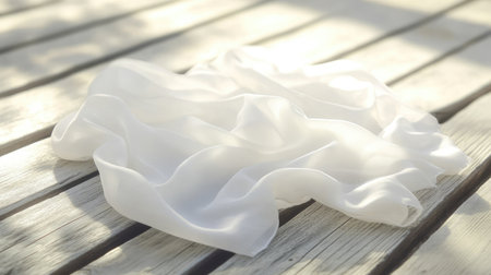 Soft white napkins fluttering slightly on a breezy outdoor wooden surface, perfect for picnic or outdoor dining themesの素材