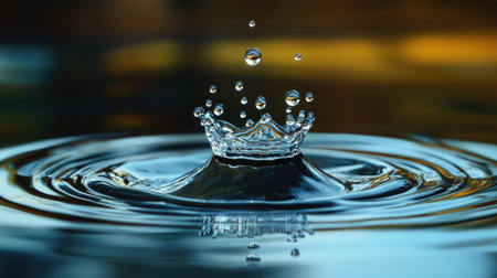Water crown formation upon droplet impact, with reflection adding depth and artistry to the imageの素材