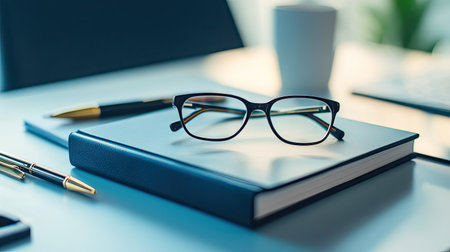 Stylish eyeglasses box placed on a desk next to a notebook and pen, suggesting daily essentials for professionalsの素材