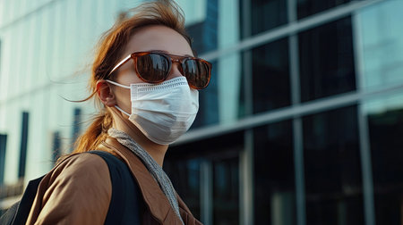 Stylish young woman wearing a hygienic mask and sunglasses, walking past a modern building in an urban settingの素材