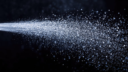 Spraying water from a nozzle with droplets scattering across a deep black background, ideal for cleaning or freshness themesの素材