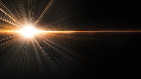 Subtle natural sun flare streaks radiating from the corner on a black background, adding depth and light contrastの素材