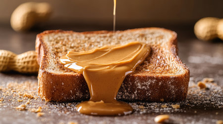 Smooth peanut butter slowly dripping from a corner of the toast, adding a dramatic food styling effectの素材