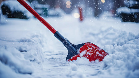 Shovel cleaned by a worker after finishing clearing a heavy snowfallの素材