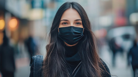 Woman with long hair wearing a black hygienic mask, walking through a city street with blurred urban backgroundの素材