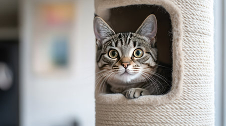 Tabby cat peeking out from a cubbyhole on a cat tower, looking alert and curious in a modern home settingの素材