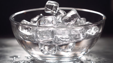 Transferring glimmering bullet-shaped ice cubes from a bowl into a clear glassの素材