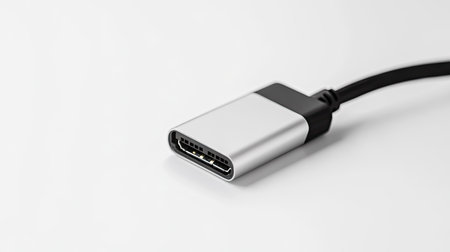 USB cable partially inserted into a portable power bank on a clean white background, symbolizing charging on the goの素材