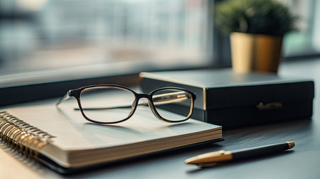 Stylish eyeglasses box placed on a desk next to a notebook and pen, suggesting daily essentials for professionalsの素材