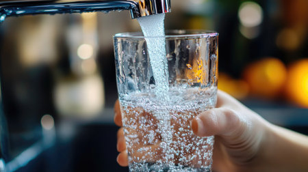 Transparent glass slowly filled by a stream of water from a faucet, held by a womanの素材
