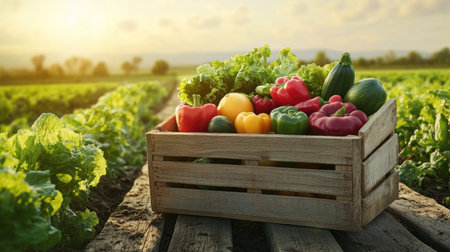 Textured wooden box brimming with healthy farm-fresh produce, set in a green agricultural landscapeの素材