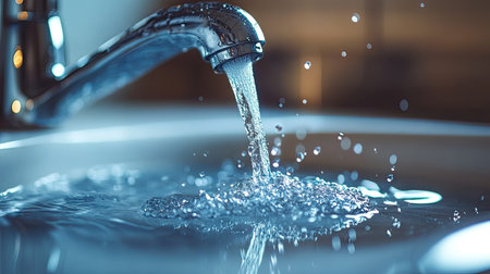 Water gracefully falling from a designer faucet into a sinkの素材