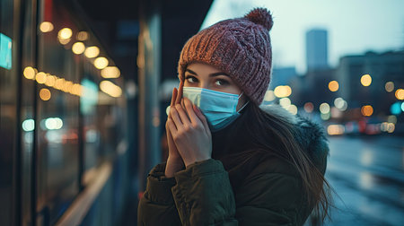 Woman adjusting her face mask while standing at a bus stop with city lights in the backgroundの素材